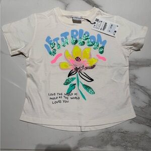 Zara Cream Floral Sequin Graphic Tee with Neon Accents